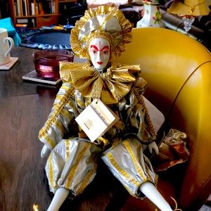 Porcelain harlequin Doll gold & Silver
